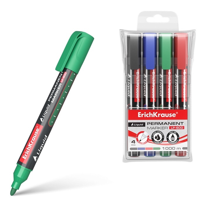 Набор маркеров перманентных ErichKrause Liquid LP-600, 4 штуки, 2.25 мм, чернила жидкие на спиртовой основе, чёрный, синий, красный, зелёный Набор маркеров перманентных ErichKrause Liquid LP-600, 4 штуки, 2.25 мм, чернила жидкие на спиртовой основе, чёрный, синий, красный, зелёный