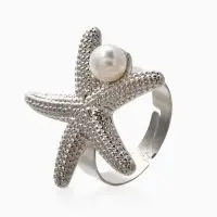 Кольцо "Морская звезда" с бусиной, безразмерное, цвет белый в серебре