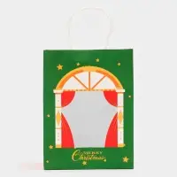 Пакет подарочный бумажный, с окном &laquo;Театр&raquo; 19&times;26&times;13 см, крафт зеленый