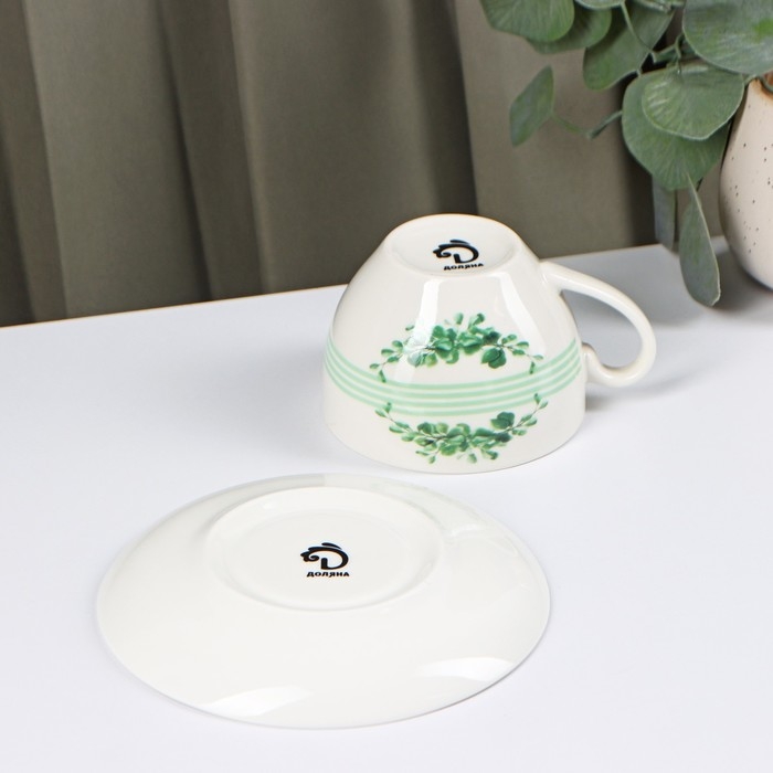 Чайная пара фарфоровая Доляна &laquo;Эвкалипт&raquo;, 2 предмета: чашка 280 мл, блюдце d=15 см