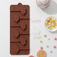 Форма для леденцов Доляна &laquo;Поцелуй&raquo;, силикон, 24&times;9,4&times;1,5 см, 6 ячеек (4&times;2,4 см), с палочками, цвет коричневый