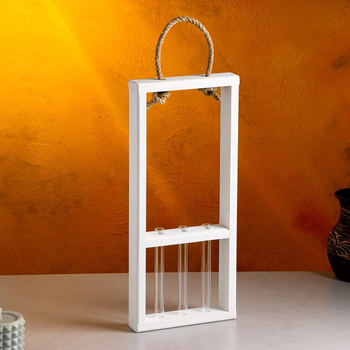 Кашпо деревянное 18×5×40 см с 3 колбами 15 см Кашпо деревянное 18×5×40 см с 3 колбами 15 см "Рамка Экстра", ручка, белый Дарим Красиво