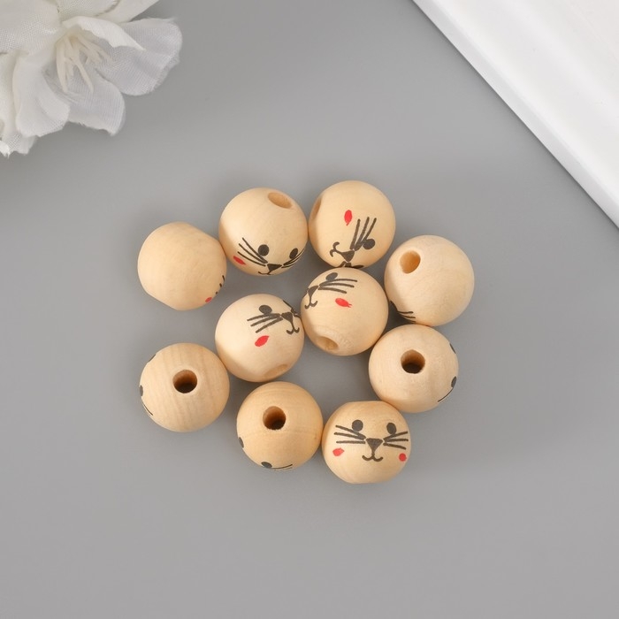 Бусины для творчества дерево "Мордочка котика" набор 10 шт d=1,6 см