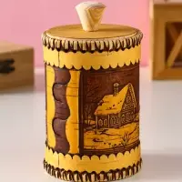 Туес шитый "Домики", D8смхH(с хватком)14см, береста