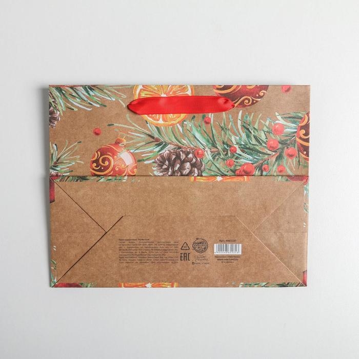 Пакет подарочный новогодний крафтовый горизонтальный &laquo;Новогодние шарики&raquo;, MS 23 х 18 х 10 см, Новый год