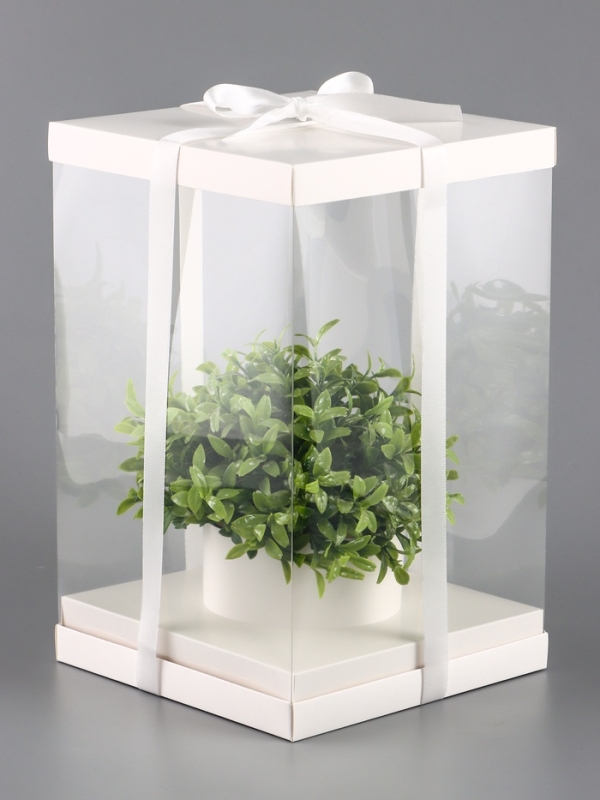 Коробка PVC, для цветов с лентой, 28 х 18 х 18 см, белый