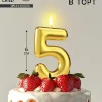 Свеча в торт &laquo;Европейская&raquo;, цифра 5, 6 см, золото