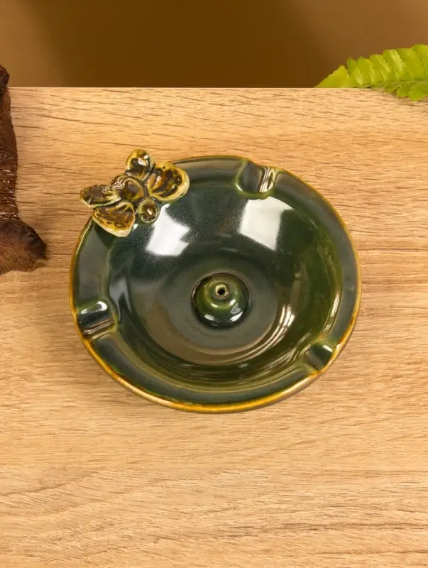 Подставка под благовония "Тарелка с бабочкой" керамика, цв. зелёный, 10х10х3 см
