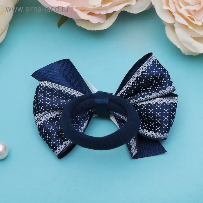 Резинка для волос &laquo;Школьница&raquo;, бант мелкий узор, 8 см, бело-синяя
