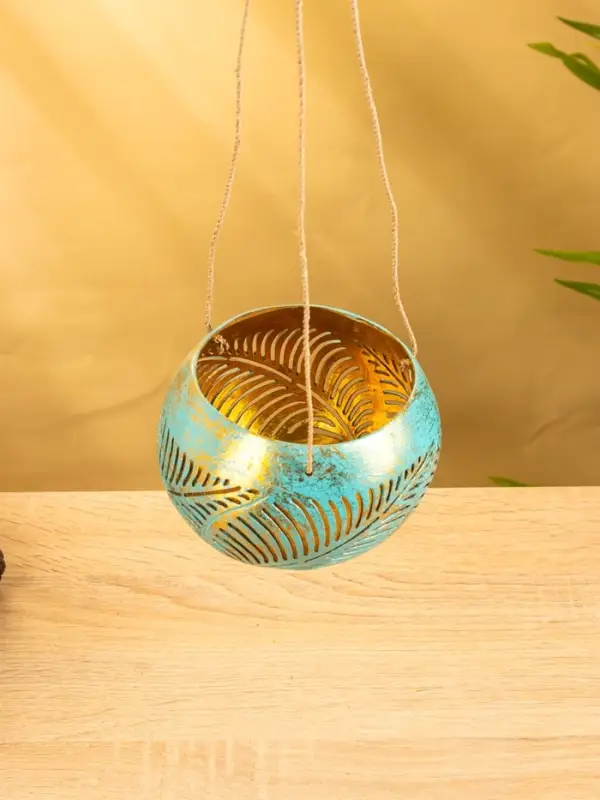 Подсвечник подвесной из кокоса, 10-13 см, бирюзово-золотой