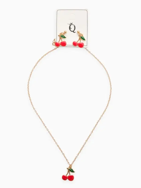 Набор 2 пред-та: серьги,кулон "Вишенки", цвет красный в золоте 44+удл.