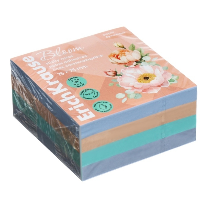 Блок с липким краем бумажный 75х75 мм, ErichKrause "Pastel Bloom", 400 листов, 4 цвета