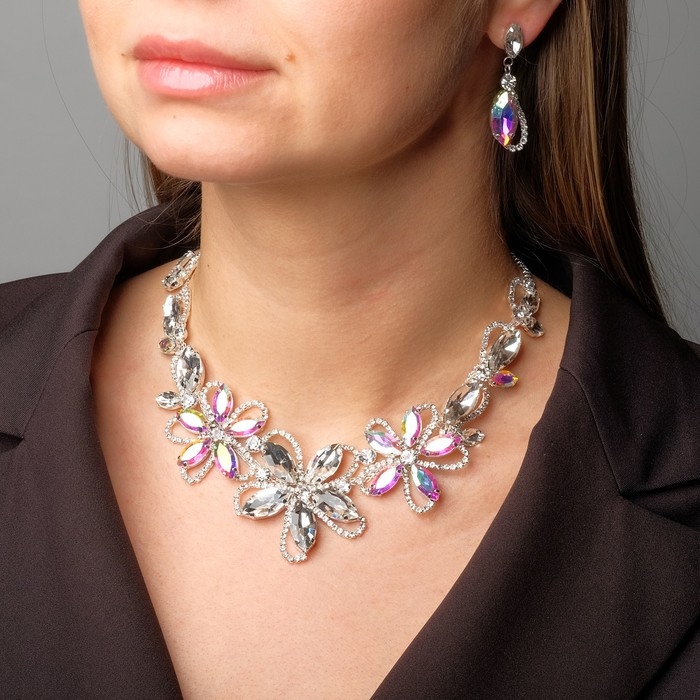 Набор 2 предмета: серьги, колье &laquo;Цветение&raquo;, цвет радужно-белый в серебре, 40 см