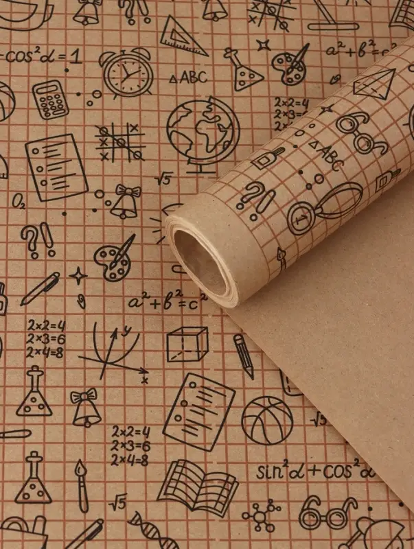 Бумага упаковочная крафт &laquo;Школьная пора&raquo;, коричневый/черный на коричневом фоне 0.7&times;10&plusmn;5%м