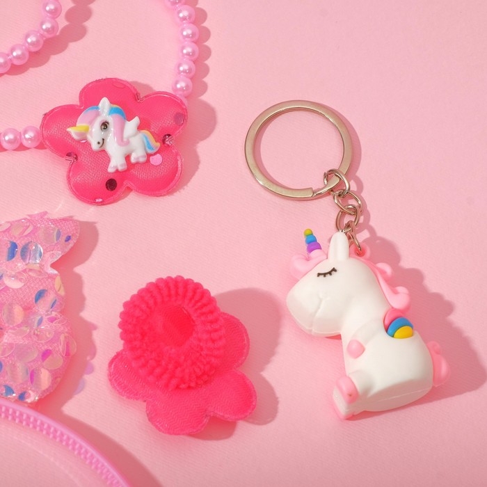 Набор детский &laquo;Выбражулька&raquo; 5 предметов: ободок, резинка, кулон, браслет, брелок, единорог, цветной