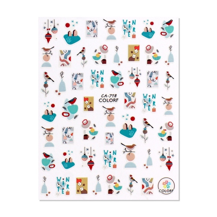 Новый год! Наклейки для ногтей &laquo;Зимние птички&raquo;, разноцветные