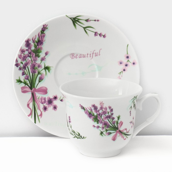 Сервиз фарфоровый чайный Доляна &laquo;Лаванда&raquo;, 12 предметов: 6 чашек 220 мл, 6 блюдец d=14 см