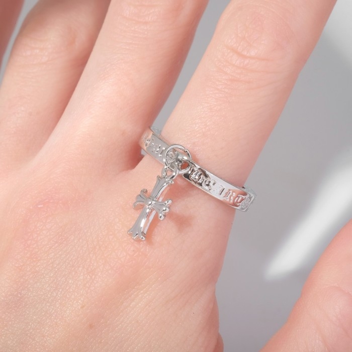 Кольцо «Крест» с надписями, цвет серебро, безразмерное Кольцо «Крест» с надписями, цвет серебро, безразмерное