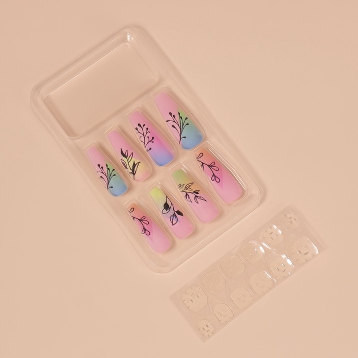 Накладные ногти &laquo;Веточки&raquo;, 12 шт, с клеевыми пластинами, форма балерина, разноцветные