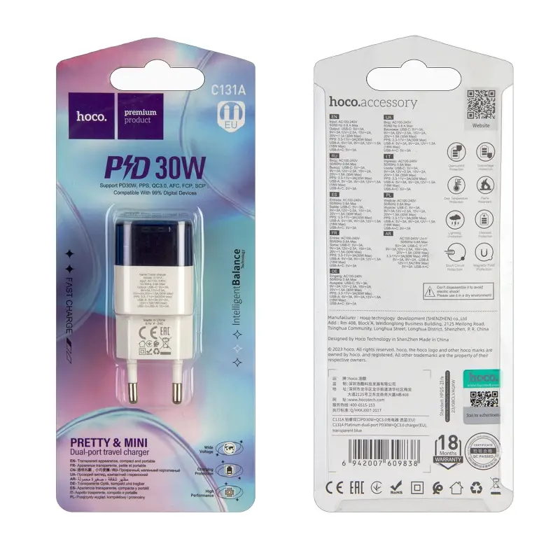 Переходник C131A СЗУ на USB QC3.0 + Type-C PD30W HOCO бело-синий