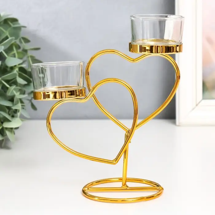 Подсвечник металл, стекло на 2 свечи "Два сердца" d-4,5 см золото 14х6,5х17,5 см