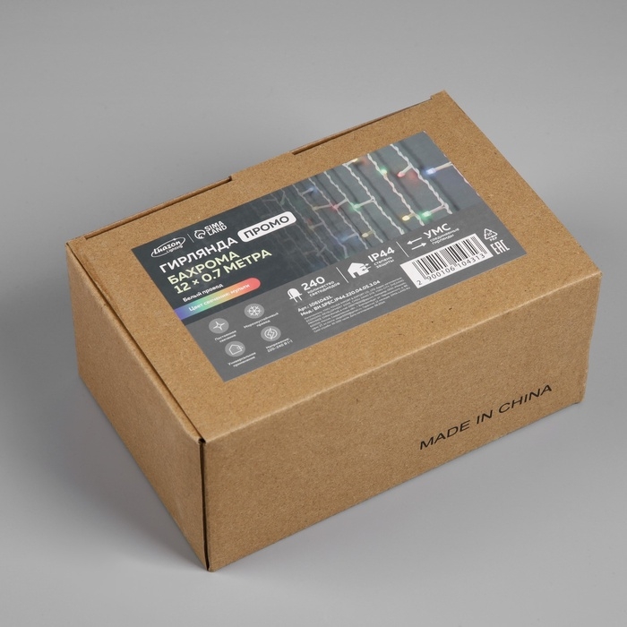 Гирлянда &laquo;Бахрома&raquo; 12 &times; 0.7 м, IP44, УМС, белая нить, 240 LED, свечение мульти, 220 В