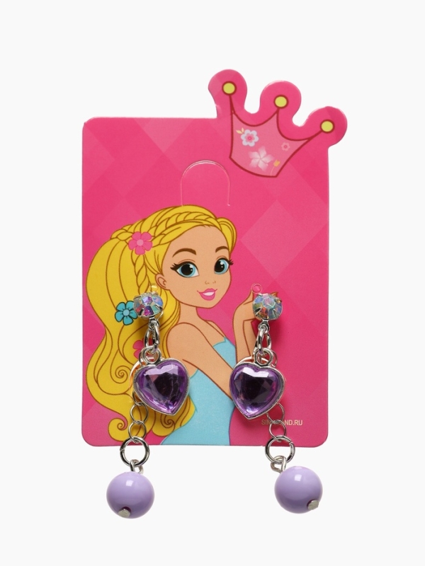 Серьги-клипсы детские "Выбражулька" сердце на цепочке с кругом кристалл, цвет сиренево-радужный