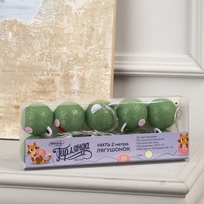 Гирлянда &laquo;Нить&raquo; 2 м с насадками &laquo;Лягушонок&raquo;, IP20, прозрачная нить, 10 LED, батарейки AAх2 (нет в комплекте), свечение тёплое белое