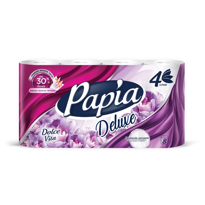Туалетная бумага PAPIA DELUXE Dolce Vita, 4 слоя, 8 рулонов Туалетная бумага PAPIA DELUXE Dolce Vita, 4 слоя, 8 рулонов