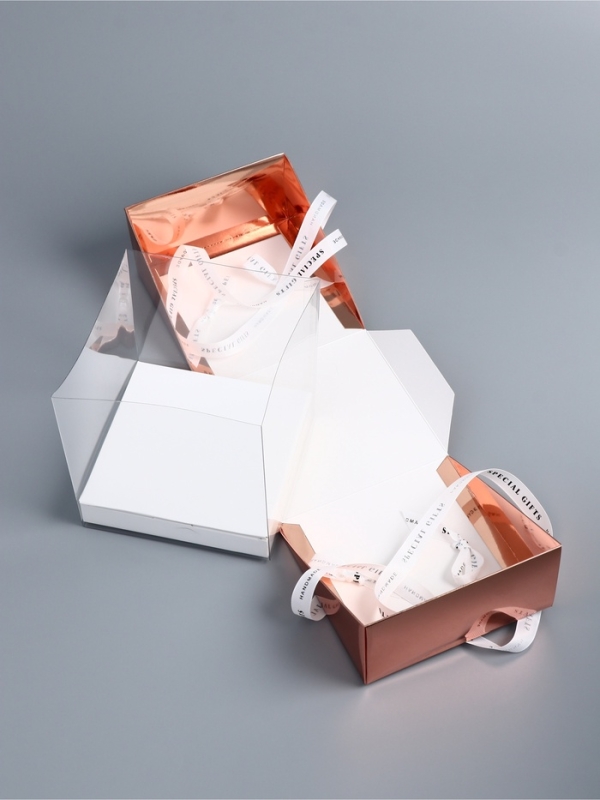 Коробка под бенто-торт с ленточками, ,розовое-золото  , 21 х 21 х 25 см