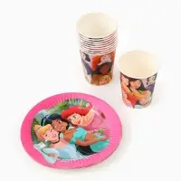 Посуда одноразовая бумажная на 10 персон: стаканы, тарелки, скатерть, Принцессы