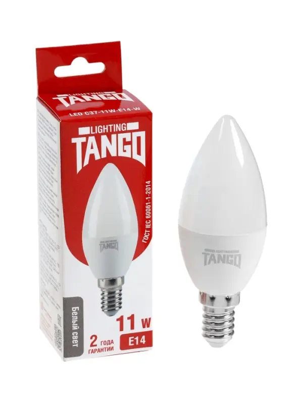 Лампа светодиодная TANGO, С37, 11 Вт, E14, 1045 Лм, 4000K, IP20, свечение нейтральное белое, матовое
