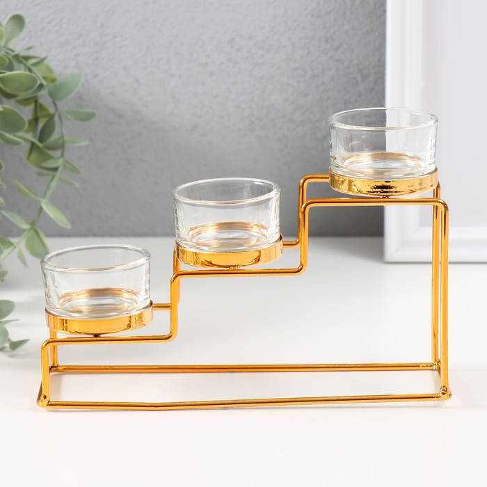 Подсвечник металл, стекло на 3 свечи Подсвечник металл, стекло на 3 свечи "Лестница" золото 20х6х10 см