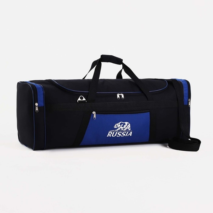 Сумка дорожная на молнии, 3 наружных кармана, длинный ремень, цвет чёрный/синий