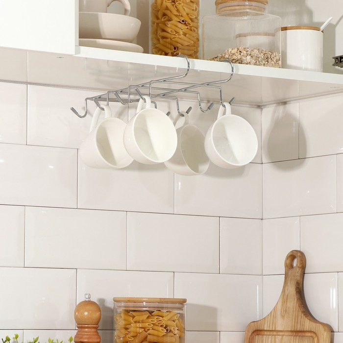 Держатель для кружек подвесной на 8 предметов Доляна, 27,5&times;20&times;7,5 см, на толщину полки 3,5 см, цвет хром