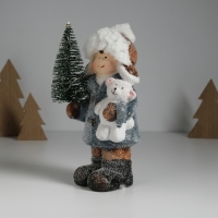Сувенир керамика свет "Малыш в сером пальто, с ёлочкой и медведем" 10,5х8,5х19 см
