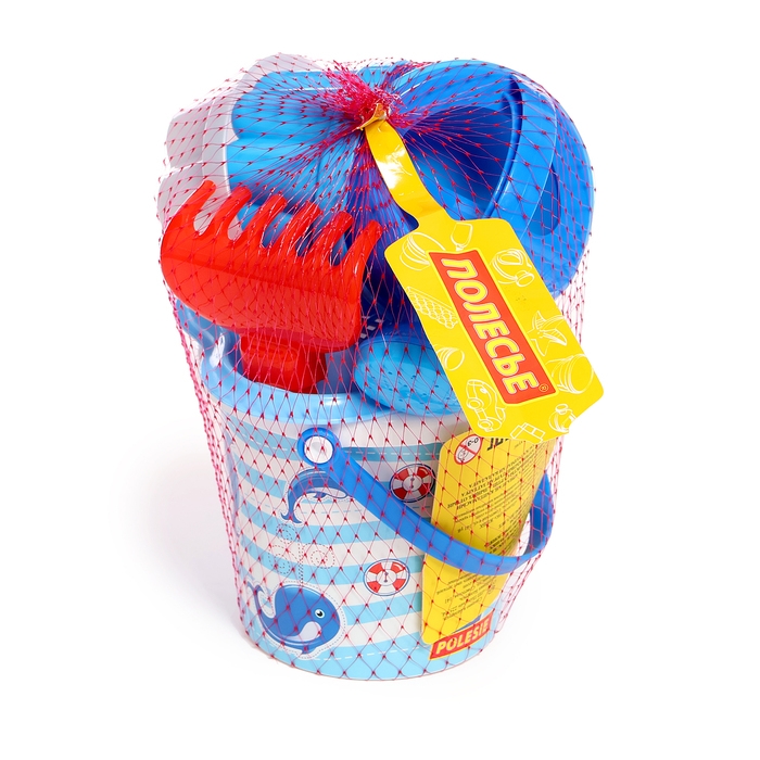 Песочный набор: ведро с наклейкой, ситечко-цветок, совок, грабельки, 2 формочки, лейка