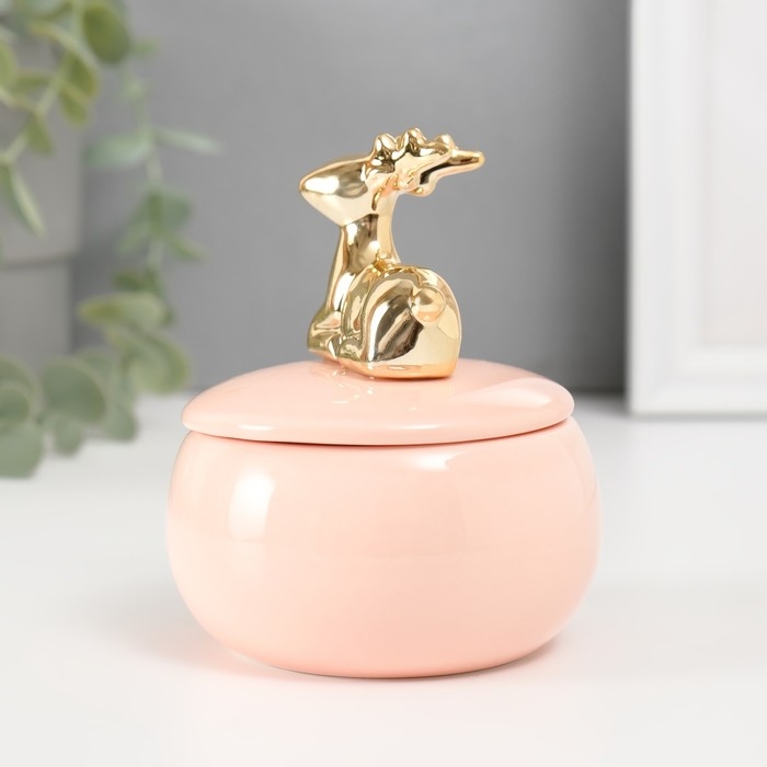 Шкатулка керамика "Золотой олень" розовая 8х8х10 см