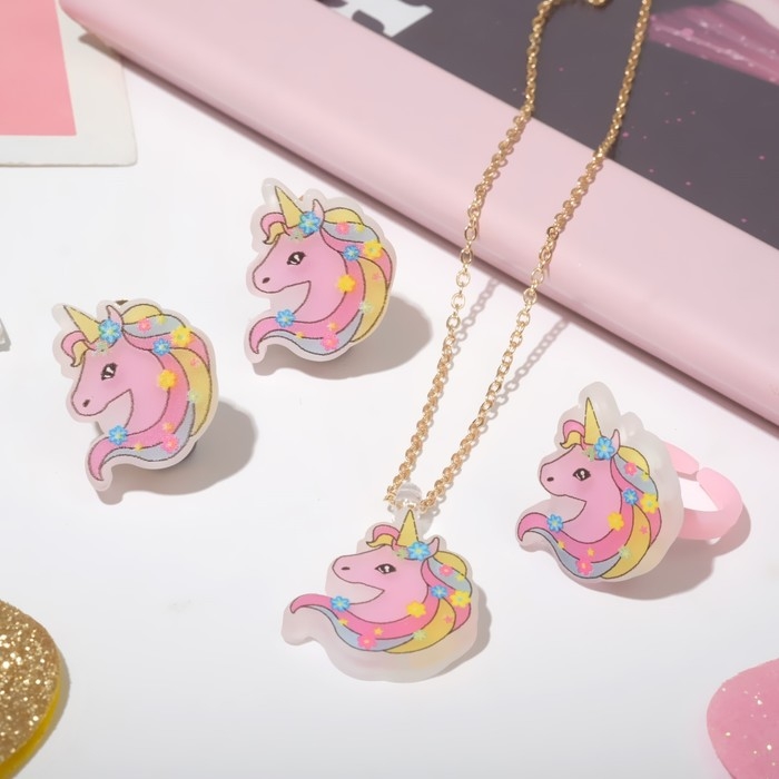 Набор детский &laquo;Выбражулька&raquo; 3 предмета: клипсы, браслет, кольцо, единорог, цветной в золоте