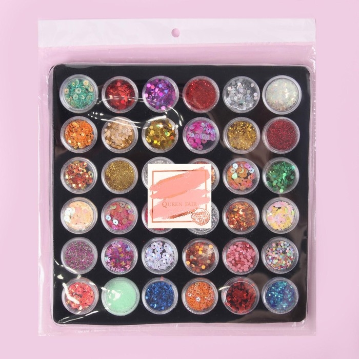 Набор для декора ногтей, в пластиковом органайзере, набор 36 баночек, разноцветные Набор для декора ногтей, в пластиковом органайзере, набор 36 баночек, разноцветные