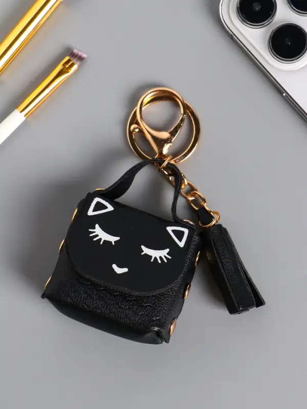Брелок кожзам с карабином, с кистью "Сумочка. Котик" чёрный 5х2,5х6 см
