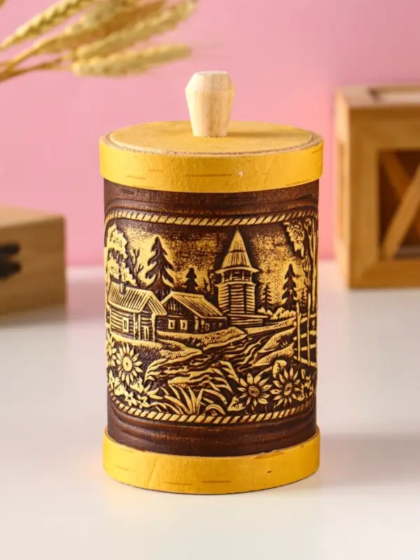 Туес "Деревенька", D8смхH(с хватком)15,5см, береста