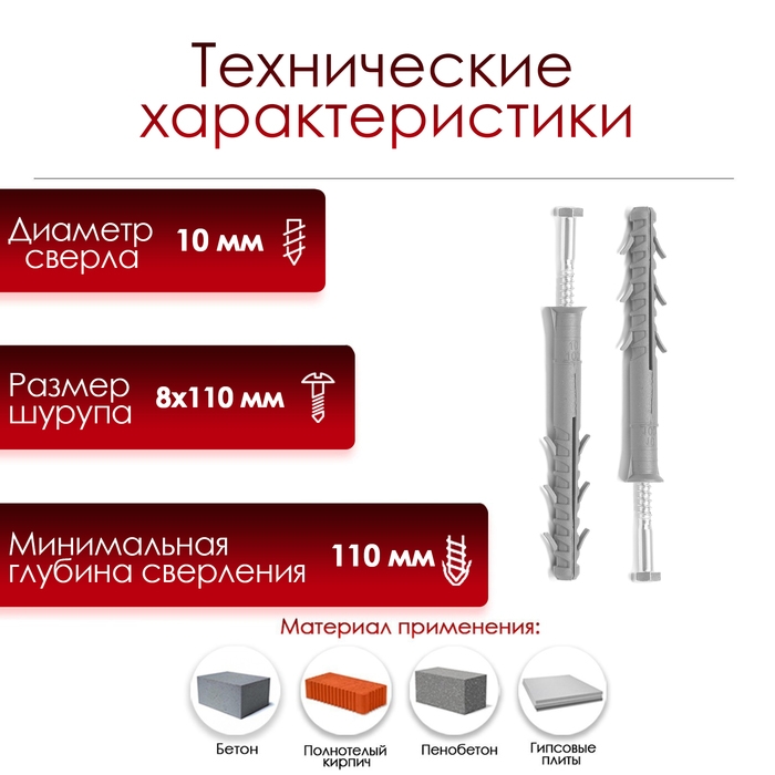 Дюбель "ТУНДРА krep", рамный, нейлоновый, с шурупом НЕХ, 10x100 мм, 20 шт