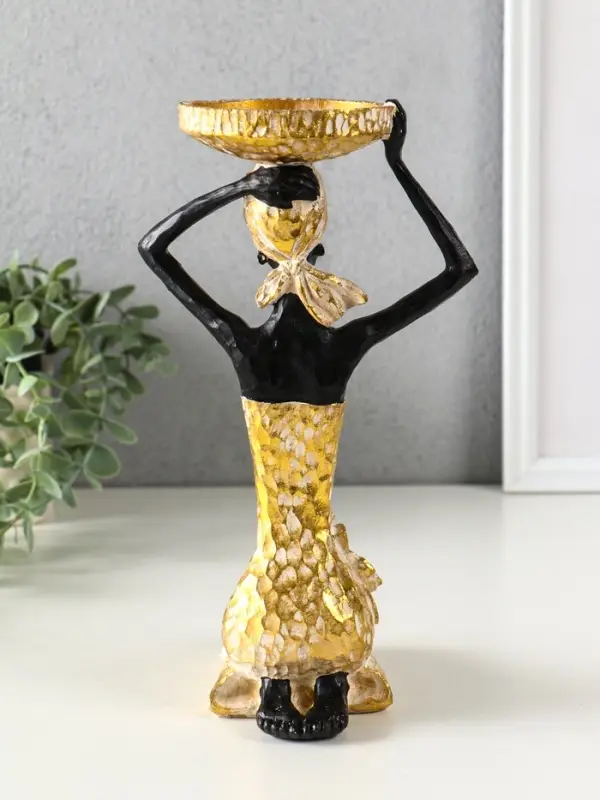 Подсвечник полистоун "Африканка в косынке с цветами" золото d=8 см 14х15х27,5 см