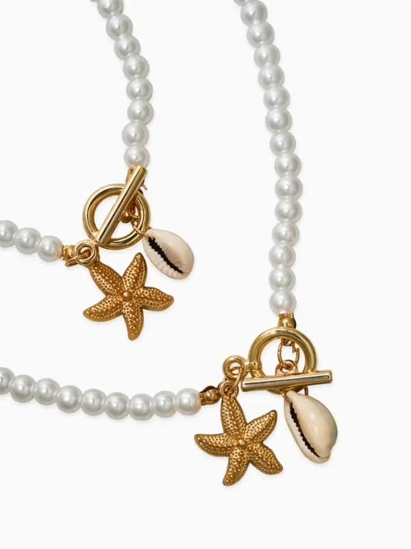 Набор 2 пред-та: бусы.браслет "Жемчуг", звезда, цвет белый в золоте L=18/42см №6