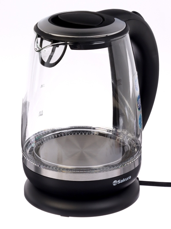 Чайник электрический Sakura SA-2719BK, стекло, 2 л, 2200 Вт, подсветка, серебристо-чёрный
