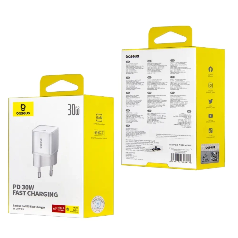 Переходник СЗУ на Type-C 30W GAN5S P10162504213-00 Baseus белый