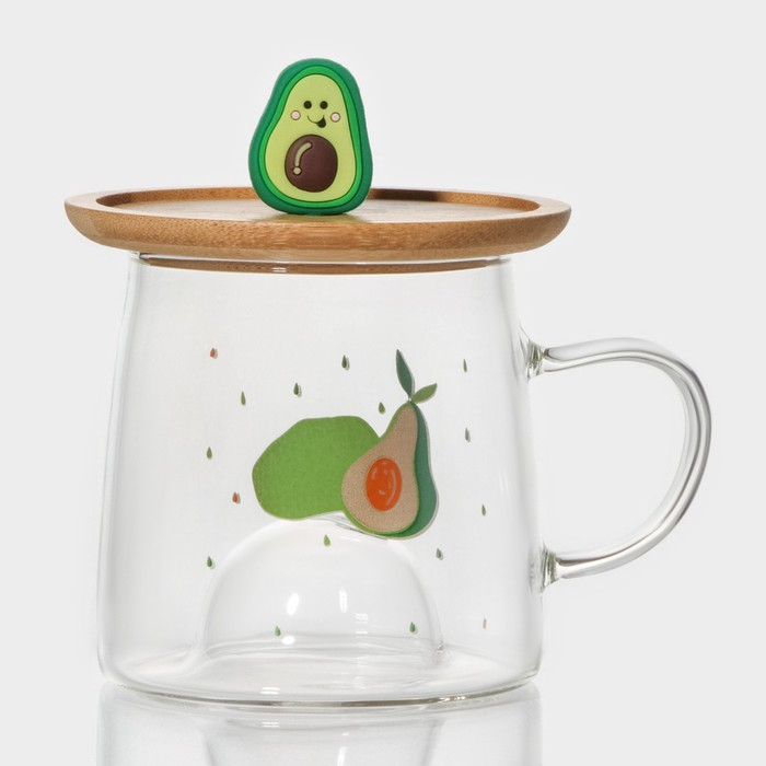 Кружка стеклянная с деревянной крышкой &laquo;Авокадо&raquo;, 350 мл, рисунок МИКС