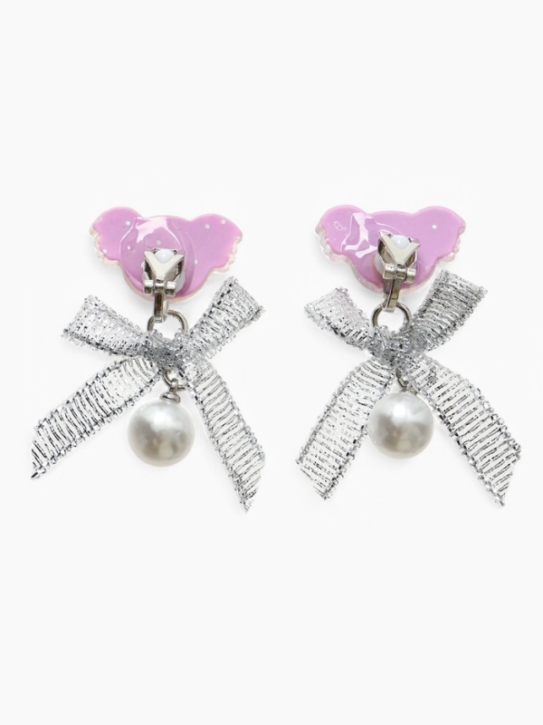 Серьги-клипсы детские "Выбражулька" коала с бантом и жемчужиной, цветные