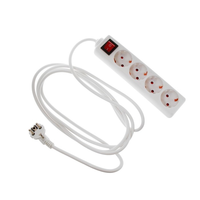 Удлинитель Luazon Lighting, 4 розетки, 3м, 6А,1300 Вт, ПВС 3х0.75 мм2, с з/к, с выкл., Б